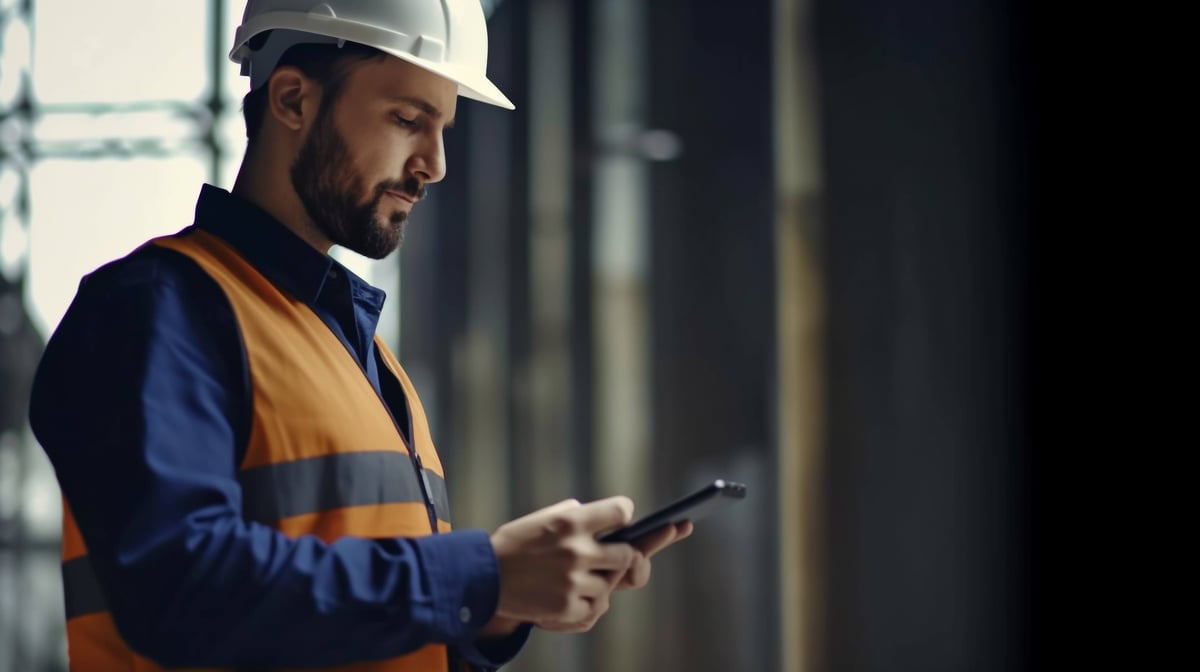 Website 2023 industrial worker with his cell phone